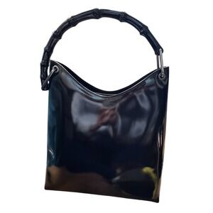 Gucci Black Patent Leather Bamboo Handle Shoulder Bag Hobo Vintage‎